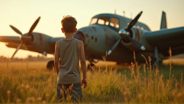 Young Boy By Abandoned Plane In Overgrown Field