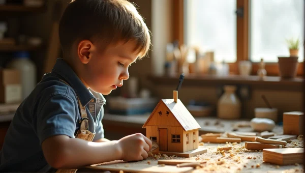 Young Boy Carving Wooden House Miniature Focused