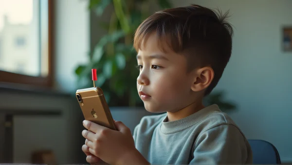 Young Boy Holding Smartphone And Flag In Urban Setting