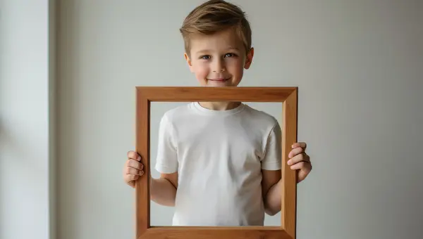 Young Boy Holding Wooden Picture Frame Portrait