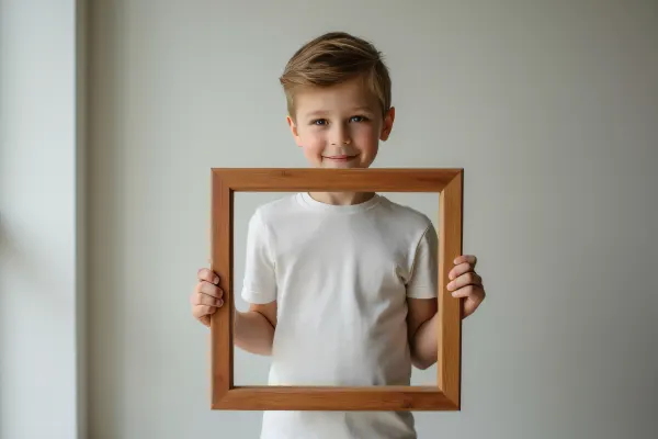 Young Boy Holding Wooden Picture Frame Portrait