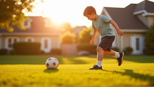 Young Boy Kicking Soccer Ball On Lawn