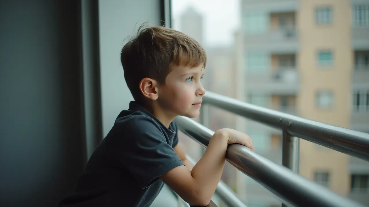 A young boy leans casually on metal window rails with an urban apartment view behind him.