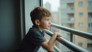 Young Boy Leaning on Window Rails in Urban Setting
