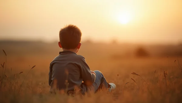 Young Boy Sitting on Grass Field at Sunset