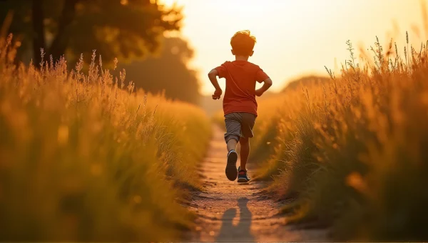Young Boy Sprinting on Dirt Path at Sunset