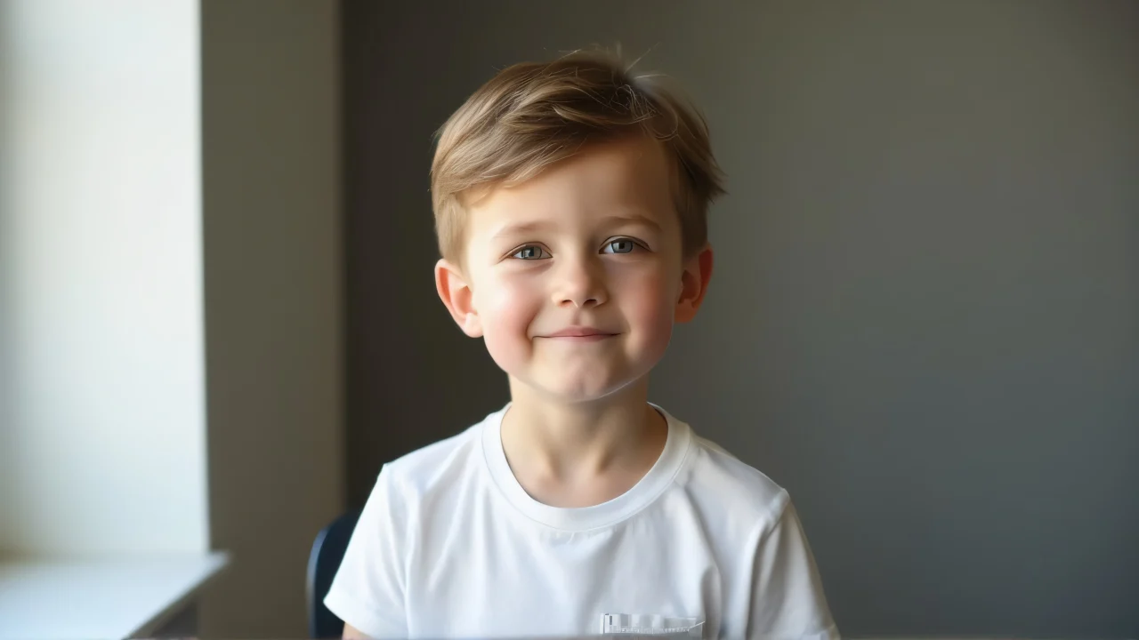 A young boy wearing a white shirt poses candidly with soft lighting.