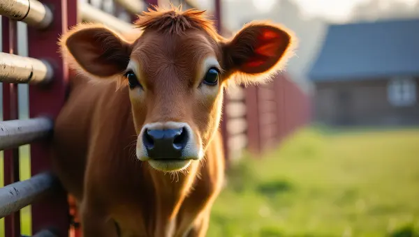 Young Calf by Red Black Fence in Morning Light