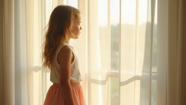 Young Girl by Sheer Curtain in Morning Light