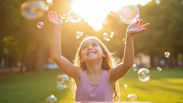 Young Girl Catching Soap Bubbles in Park