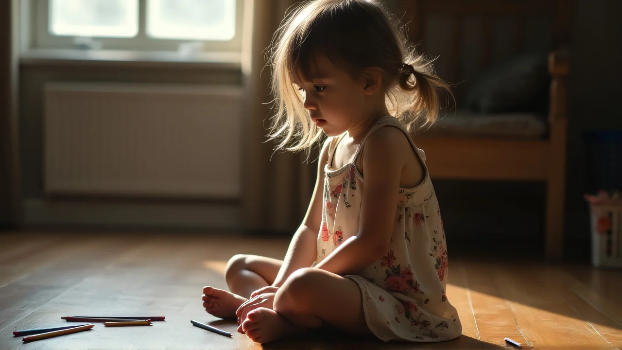A young girl sits cross-legged on a wooden floor surrounded by colored pencils in soft natural light.