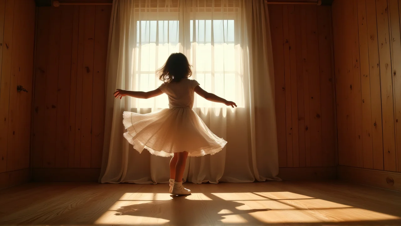 A young girl mid-twirl in a wooden room, sunlight creating shadows.
