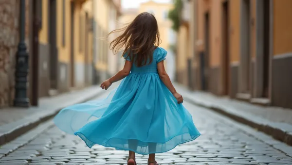 Young Girl Flowing Dress Cobblestone Street