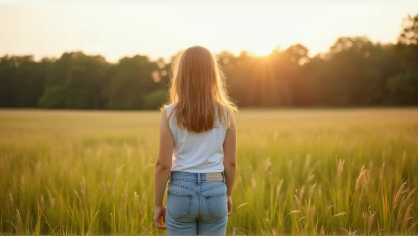 Young Girl in Grass Field at Dusk