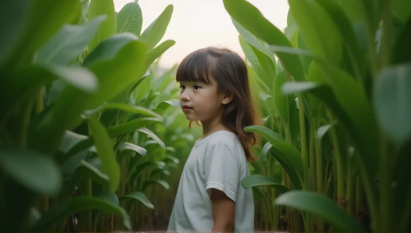 Young Girl in Green Plants Soft Light