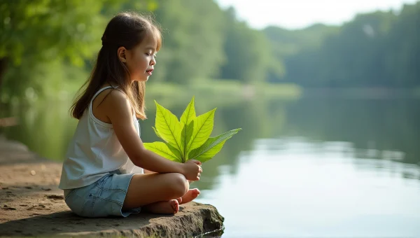 Young Girl Holding Green Leaf by Calm Lake