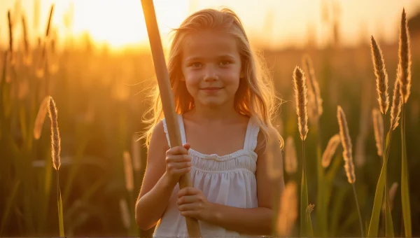 Young Girl Holding Stick in Golden Hour Grass