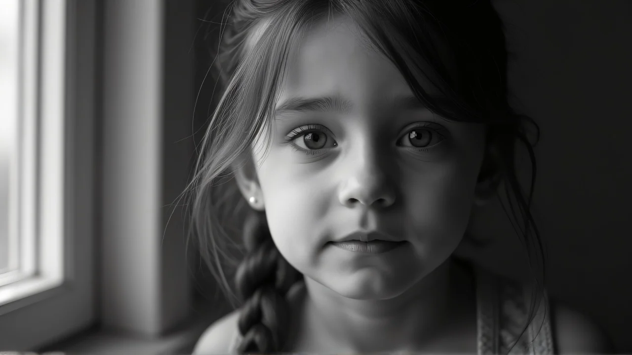 Greyscale close-up portrait of a young girl with natural expression and soft light.