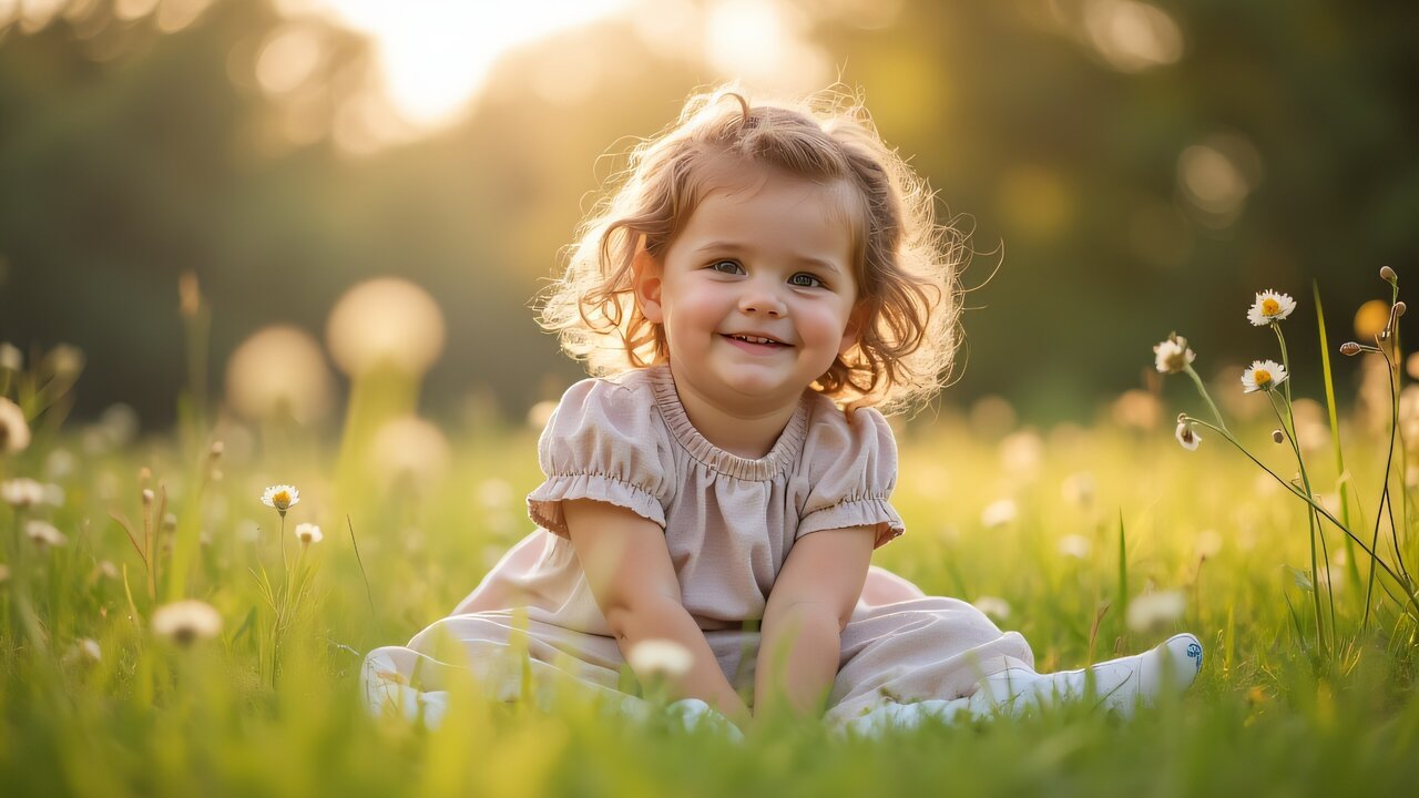 A young girl sits on the grass surrounded by wildflowers, captured in soft afternoon light.