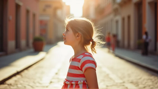 Young Girl Striped Dress Sunlit Cobblestone Street