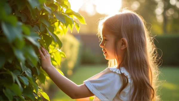 Young Girl Touching Leafy Bush In Sunlit Garden