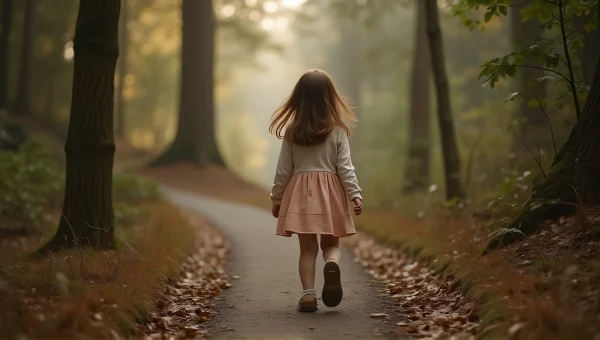 Young Girl Walking Forest Pathway Autumn Breeze