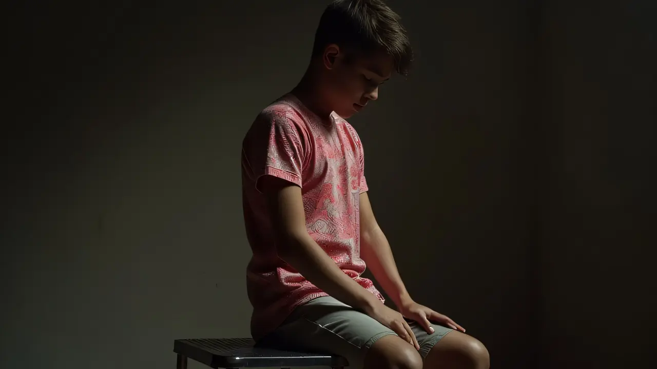 A young male sits confidently on a metal stool wearing a bold red-and-white patterned tee.