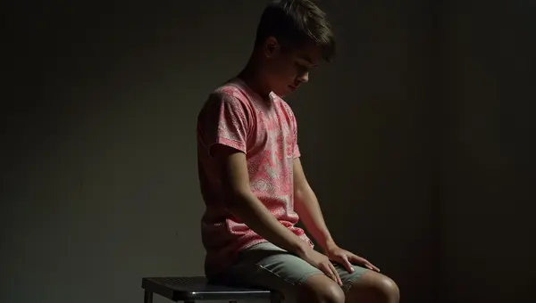 Young Man in Bold Red and White Tee Seated