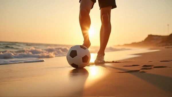 Young Man Kicking Soccer Ball on Shoreline