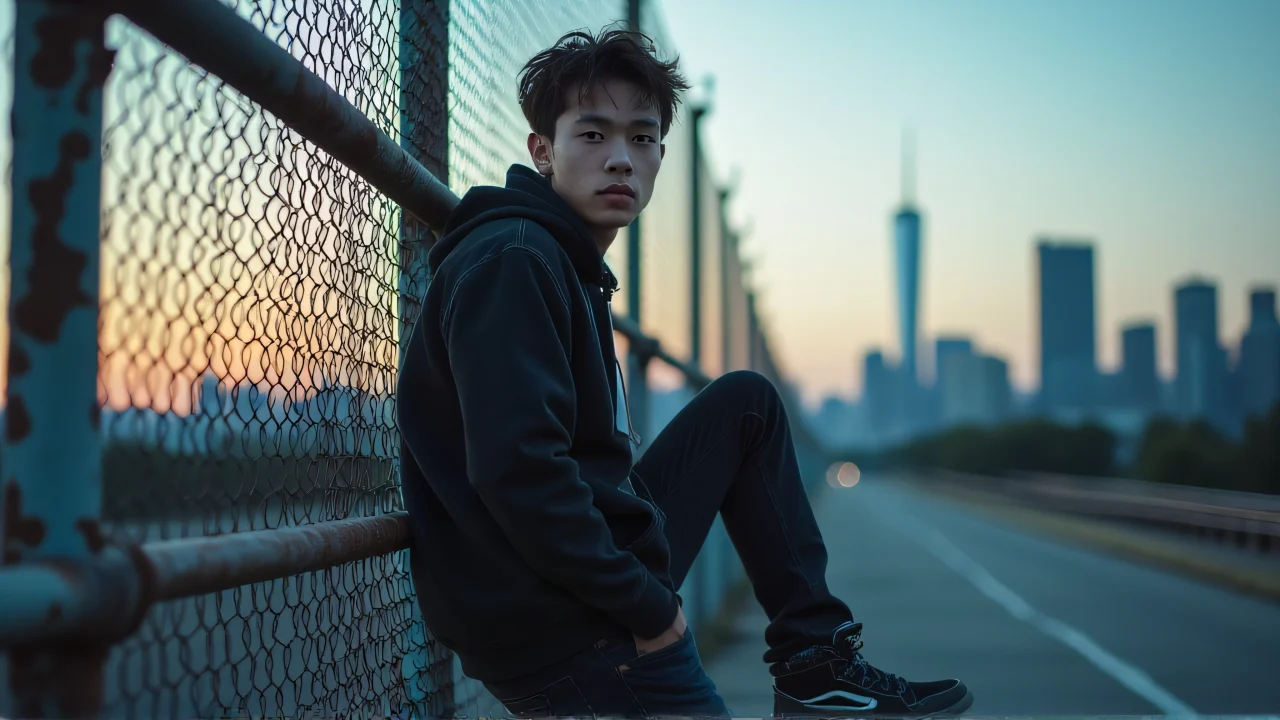 A young man leans on a rusted chain-link fence at dusk with a city skyline in the background.