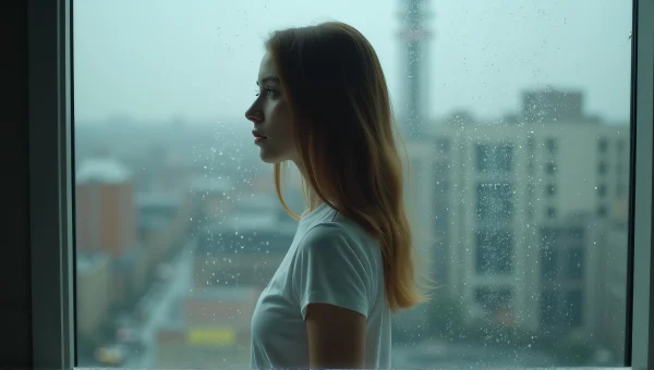 Young Woman by Rainy Window in Soft Light