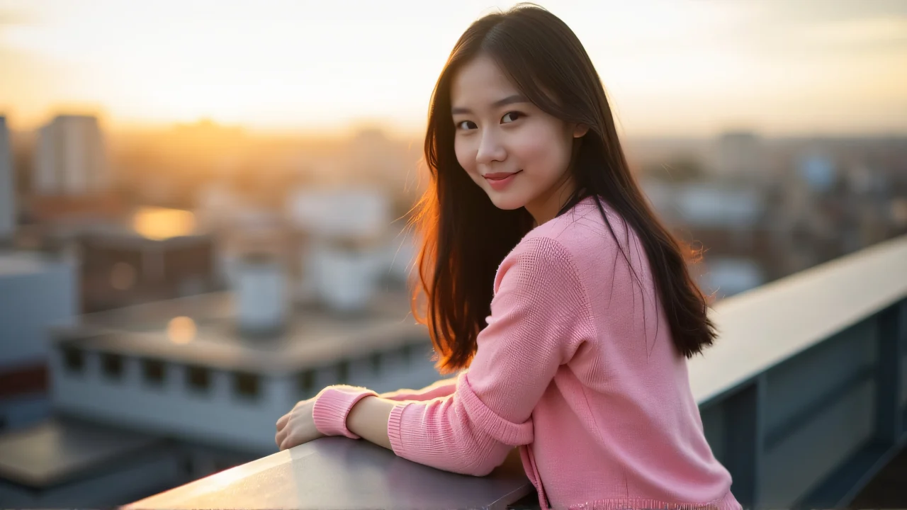 A young woman in a pink cardigan leans on a railing with a city rooftop backdrop during golden hour.
