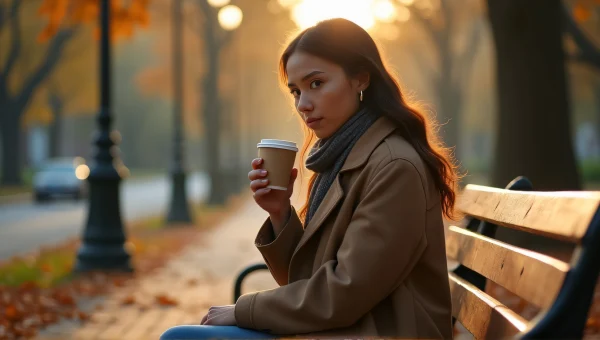 Young Woman Drinking Coffee On Park Bench