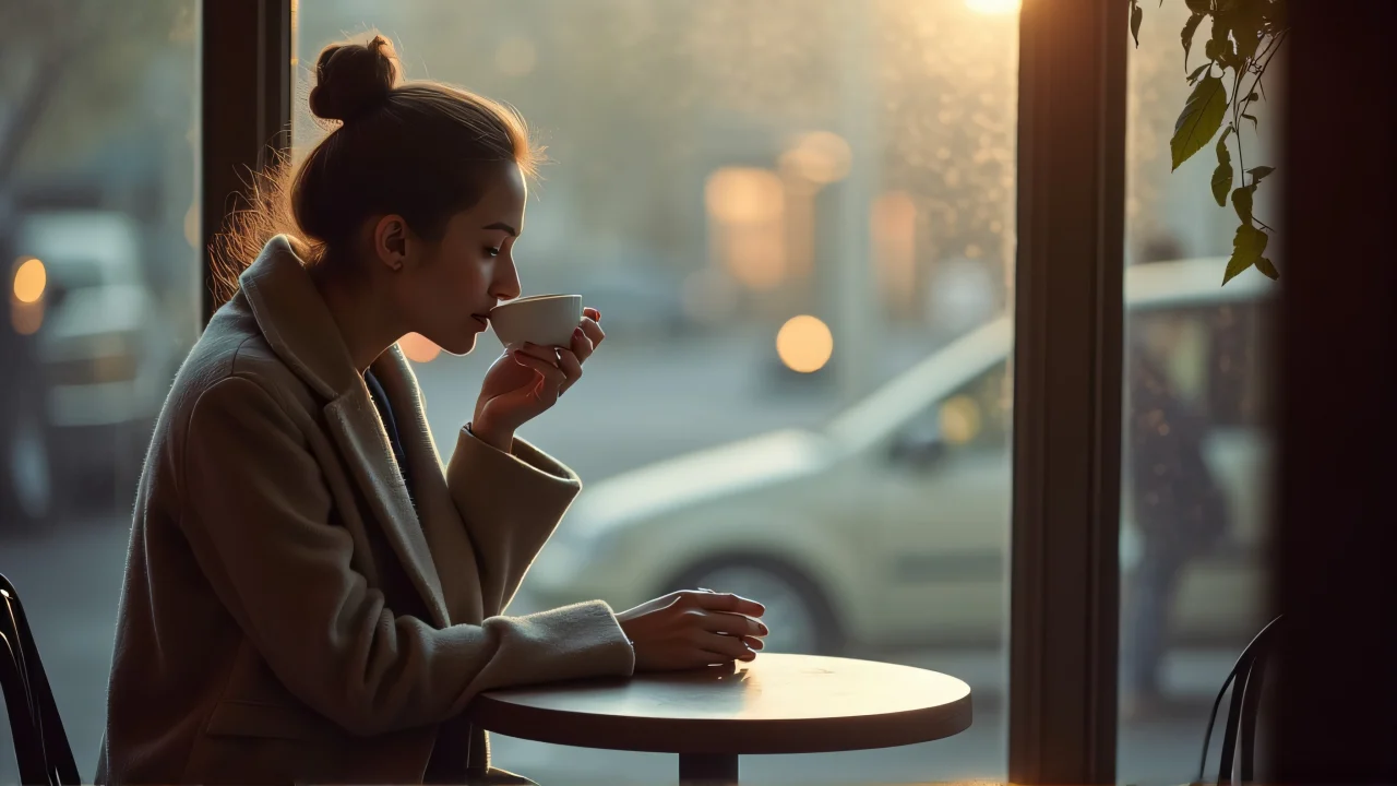A young woman in a wool coat sipping coffee by a fogged window.