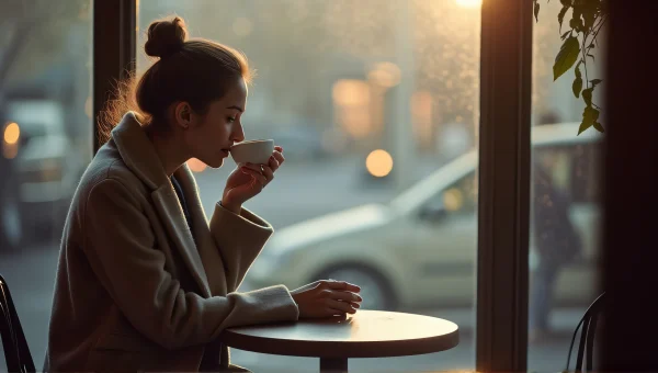 Young Woman Enjoying Coffee at Café Table