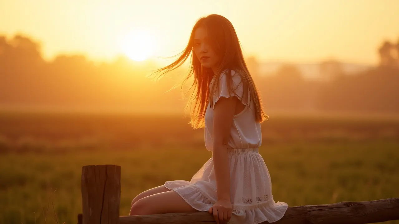 A young woman sits on a wooden fence with her skirt and hair blowing in the breeze at golden hour.