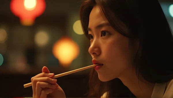 Young Woman Holding Chopstick Indoor Warm Light