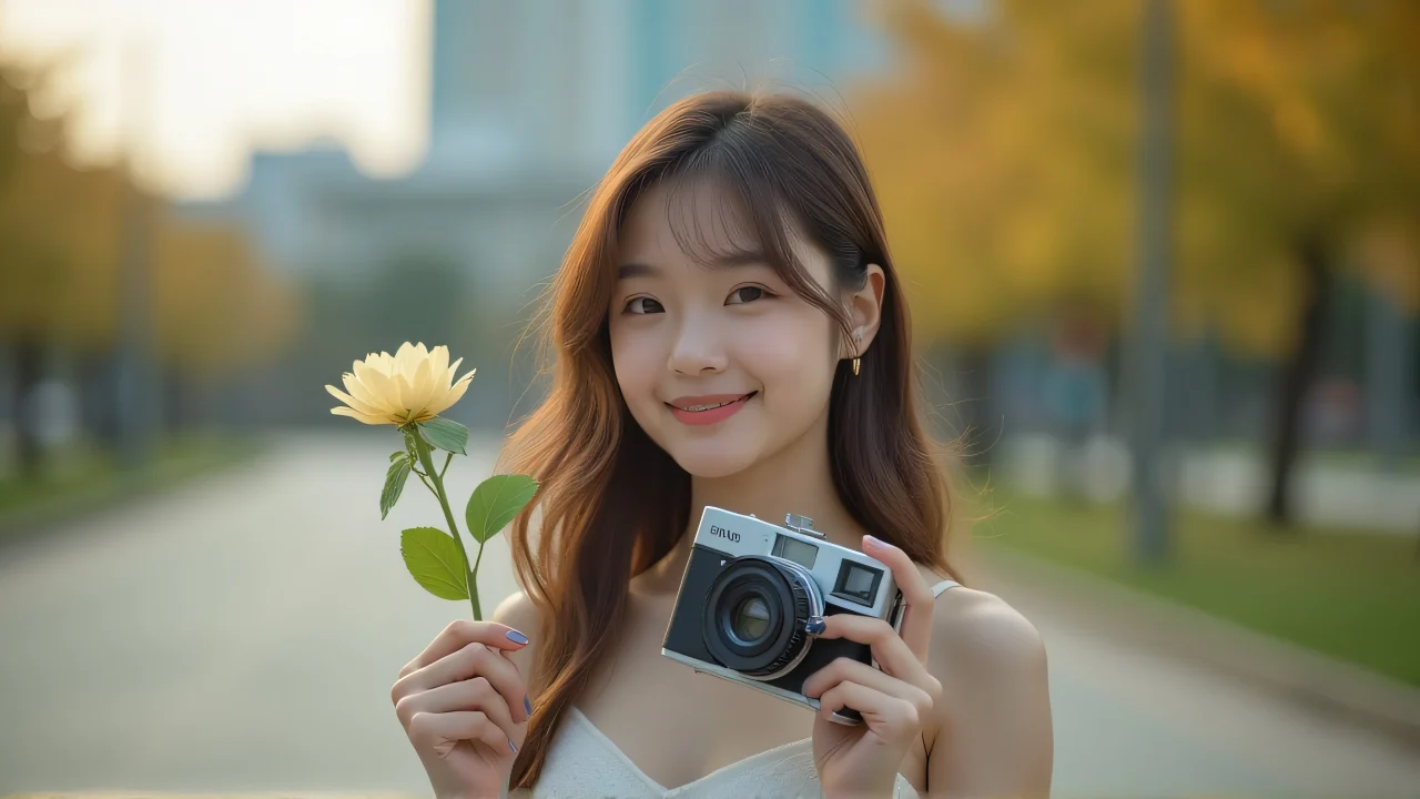 A young woman in an urban park holds a flower and camera, enjoying a creative moment.
