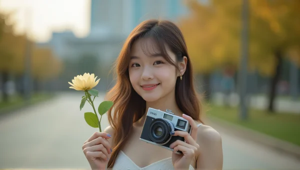 Young Woman Holding Flower And Camera In Park