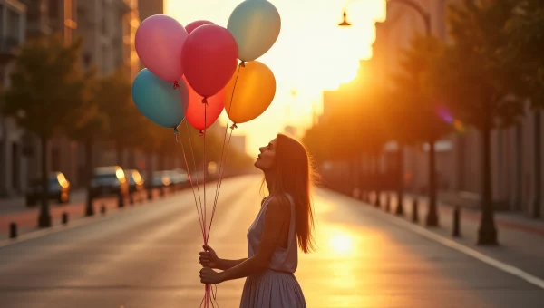 Young Woman Holding Helium Balloons on Sidewalk