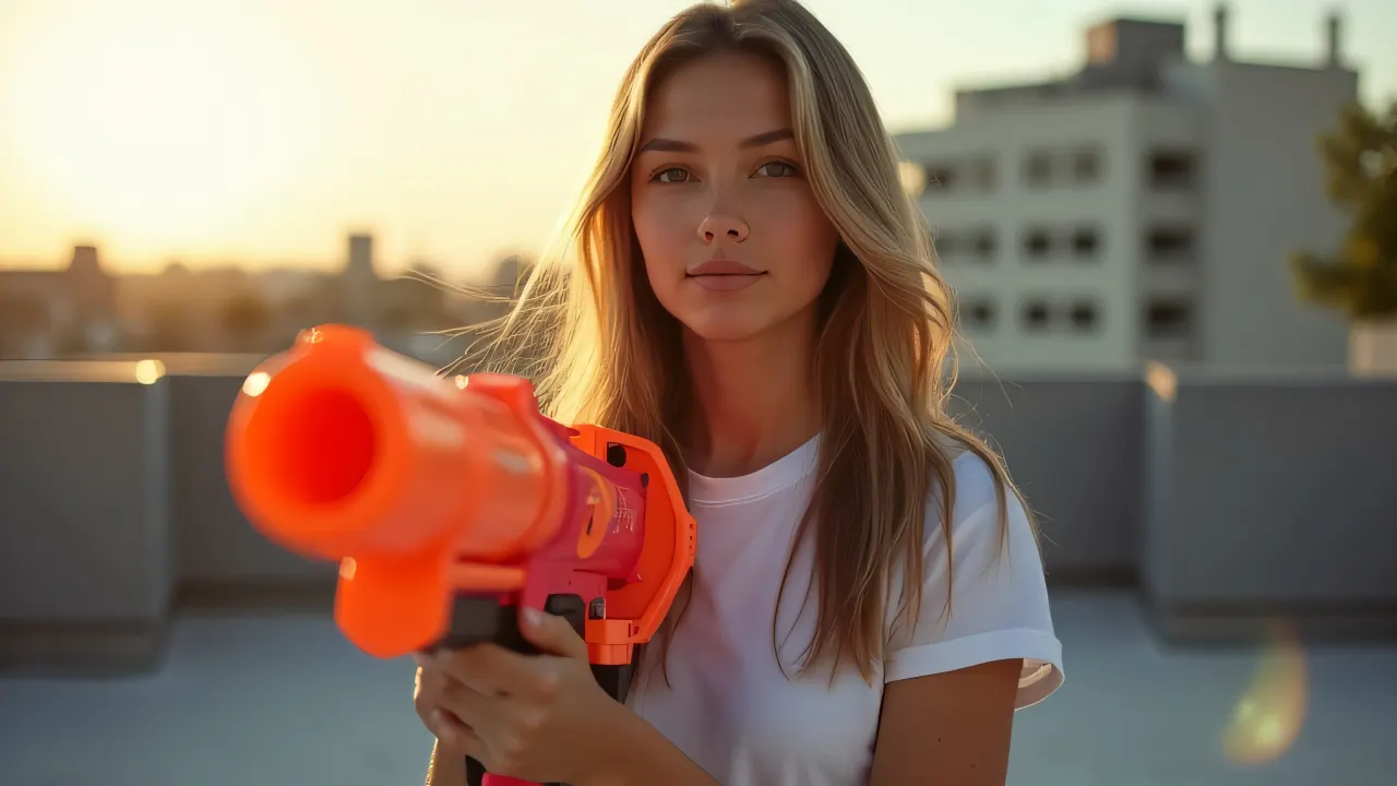 A young woman stands on a rooftop holding a Nerf blaster, hair blowing in the wind during late afternoon.