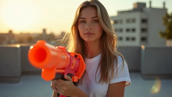 Young Woman Holding Nerf Blaster Urban Rooftop