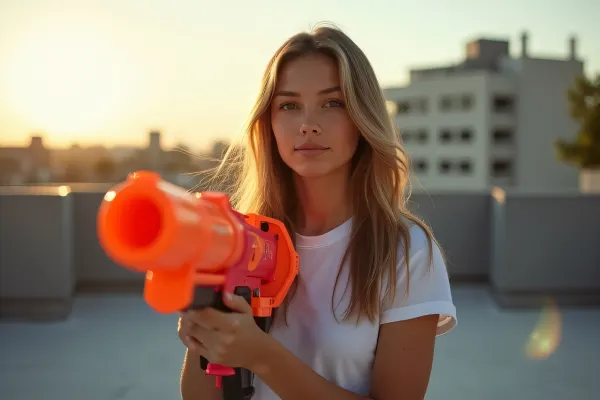 Young Woman Holding Nerf Blaster Urban Rooftop