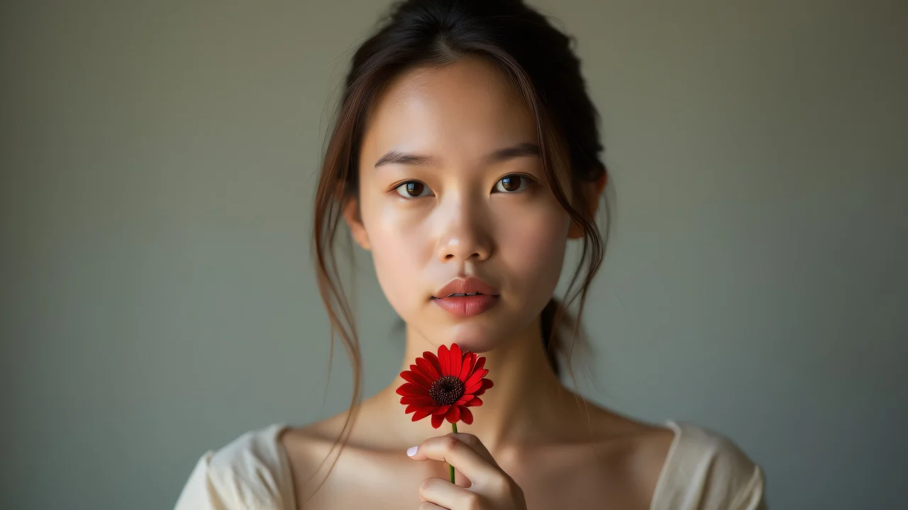A young woman holds a single red flower at her chest, set against a soft, neutral background.