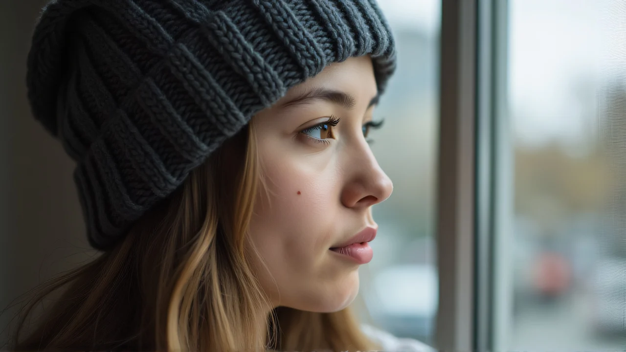 Close-up portrait of a young woman in a knit beanie against an urban backdrop.