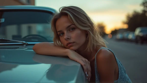 Young Woman Leaning On Vintage Car At Dusk