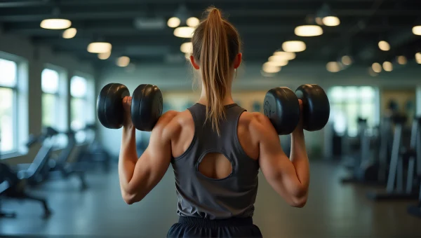 Young Woman Lifting Dumbbells in Gym Reflection