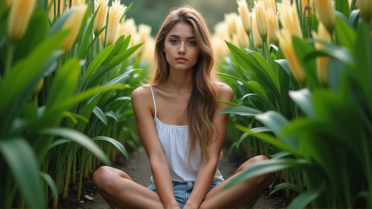 A young woman sits cross-legged among lush lily plants, bathed in soft morning light.
