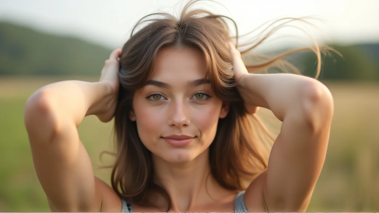 A young woman with mid-length hair blowing in the wind, enjoying a sunny day outdoors.