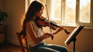 Young Woman Playing Viola in Sunlit Studio